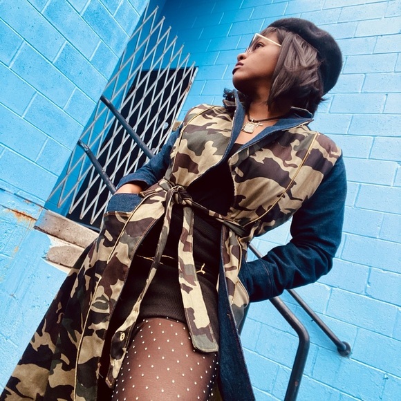 Blue denim and camouflage trench coat with removable panel - Picture 1 of 11